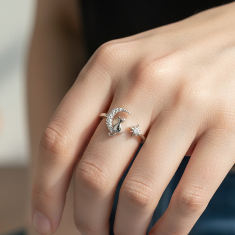 Bague ajustable argentée chat et lune Plaqué or blanc