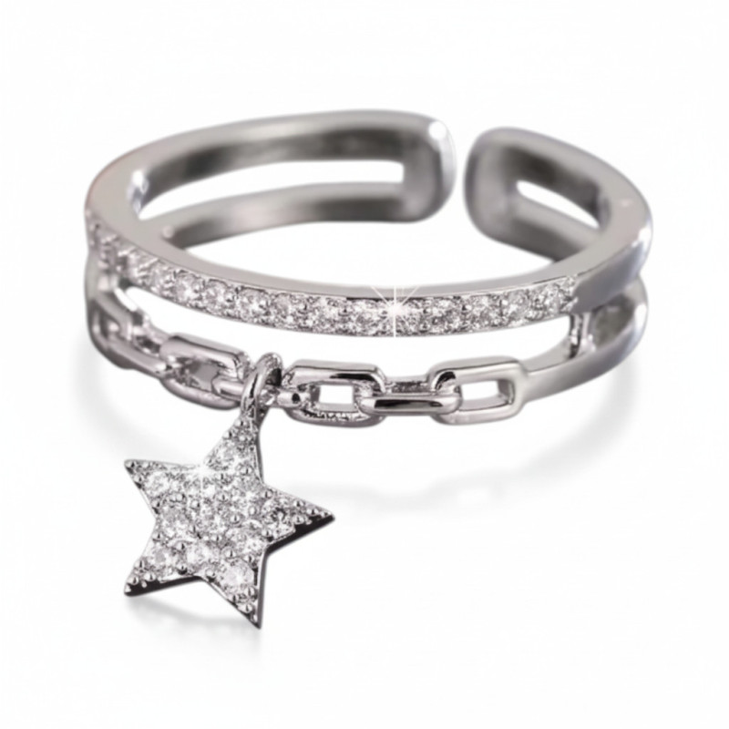 Bague ajustable argentée pendentif étoile Plaqué or blanc