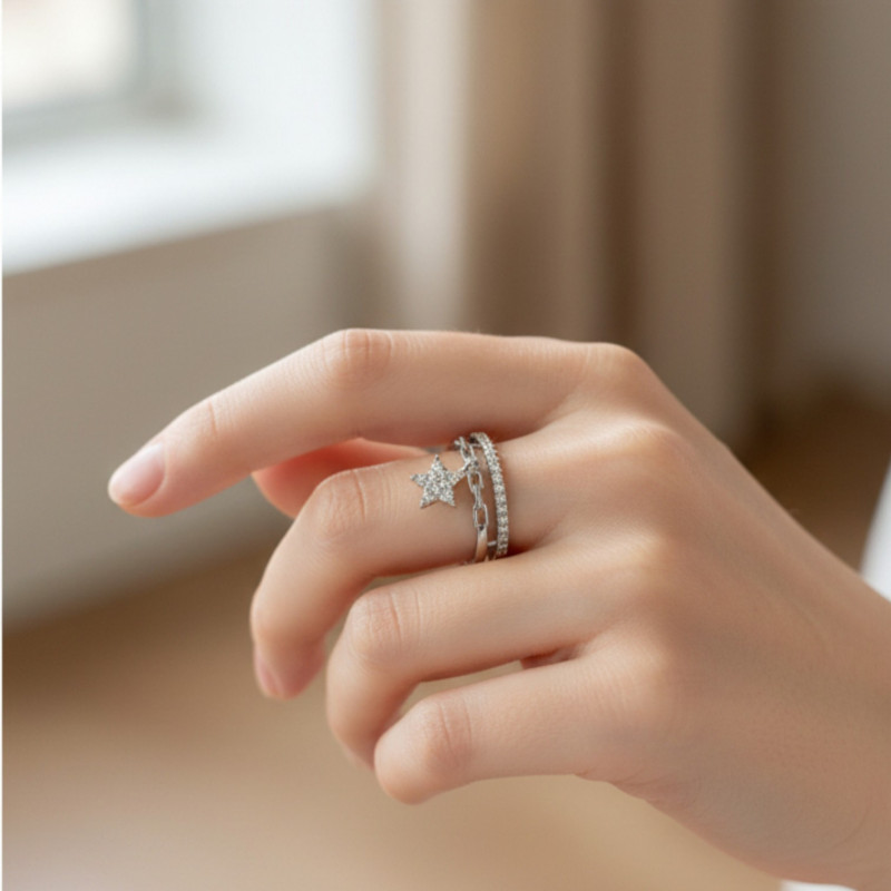 Bague ajustable argentée pendentif étoile Plaqué or blanc