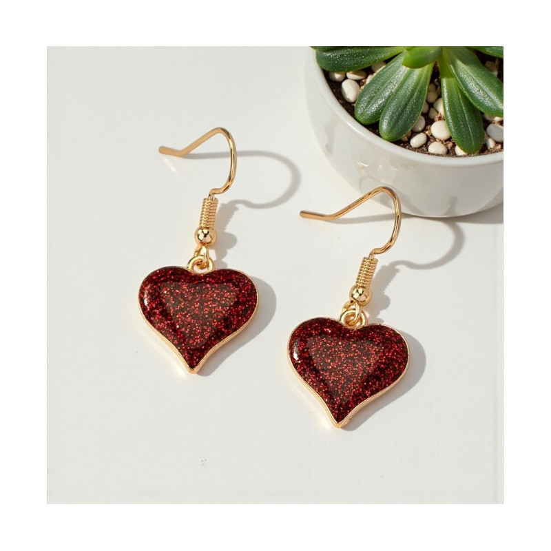 Boucles d'oreilles dorées cœur rouge pailleté
