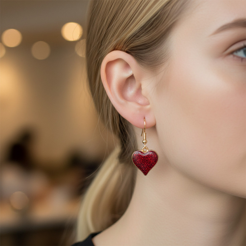 Boucles d'oreilles dorées cœur rouge pailleté
