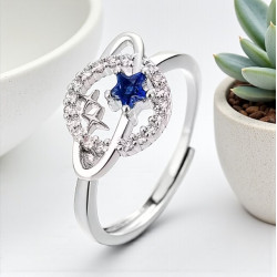 Bague ajustable argentée planète et étoile bleue Plaqué or blanc