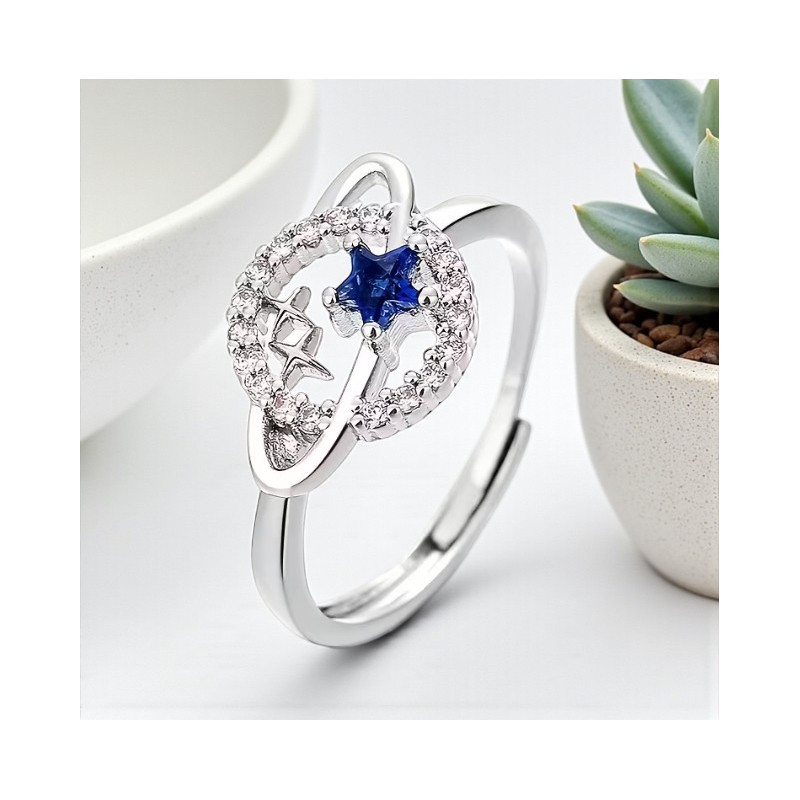 Bague ajustable argentée planète et étoile bleue Plaqué or blanc