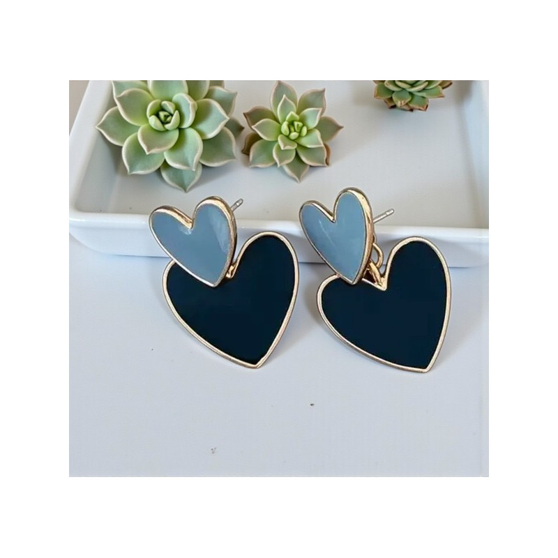 Boucles d'oreilles dorées cœurs bleus