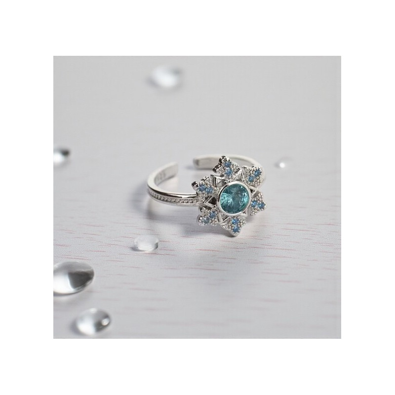 Bague ajustable argentée flocon zircon bleu Plaqué or blanc
