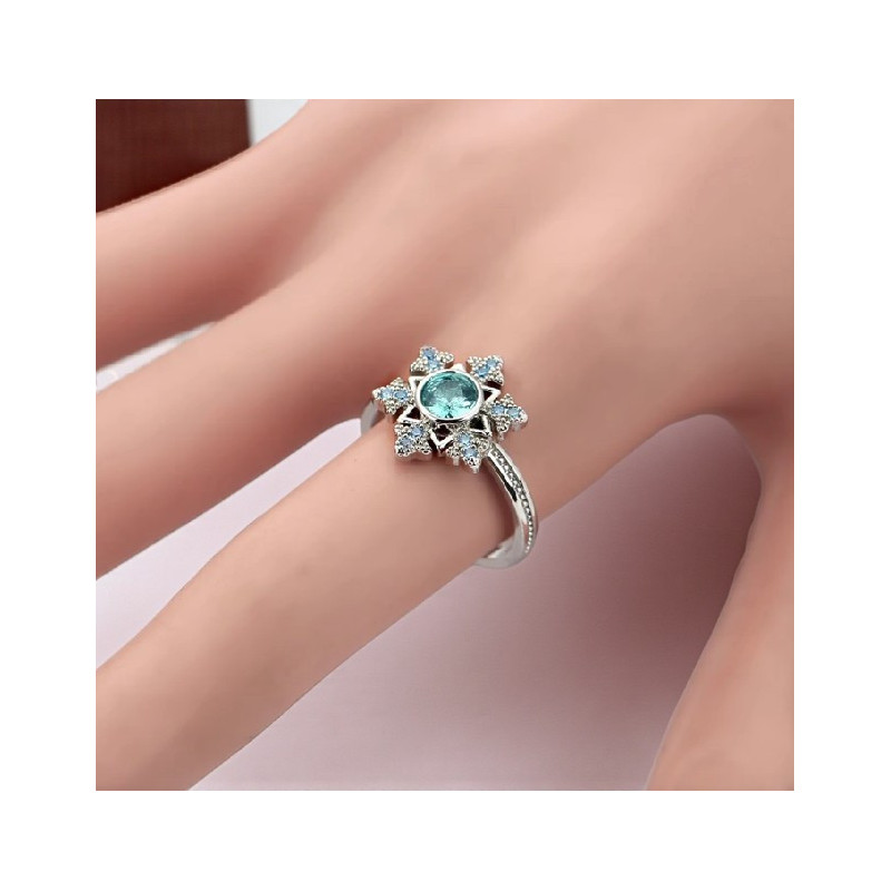 Bague ajustable argentée flocon zircon bleu Plaqué or blanc