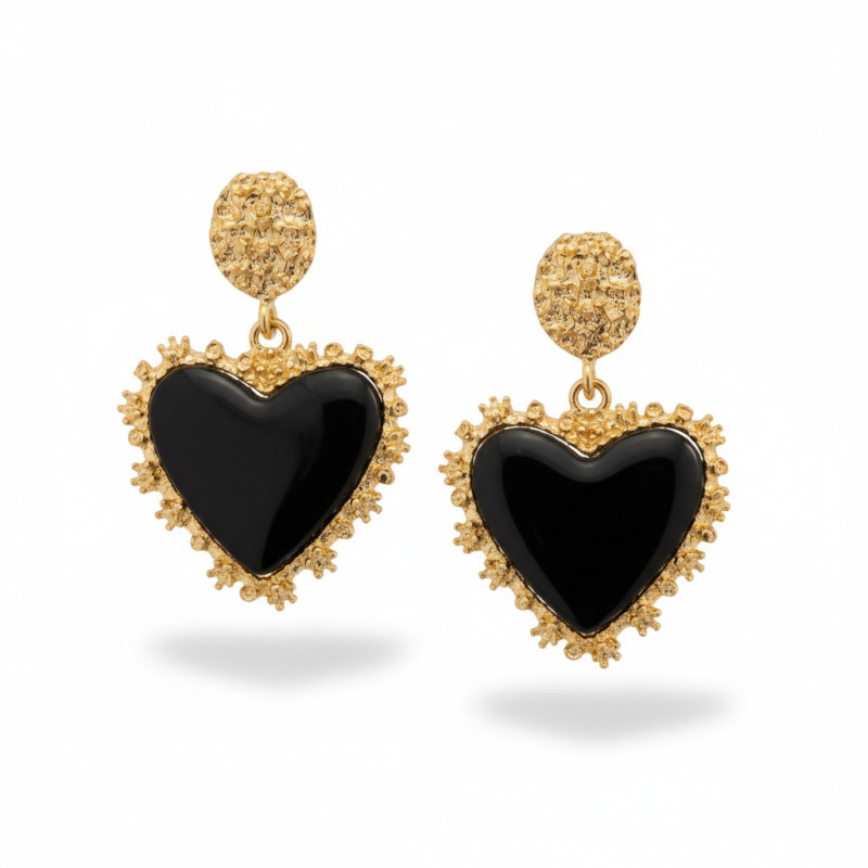 Boucles d'oreilles dorées coeur noir métal texturé