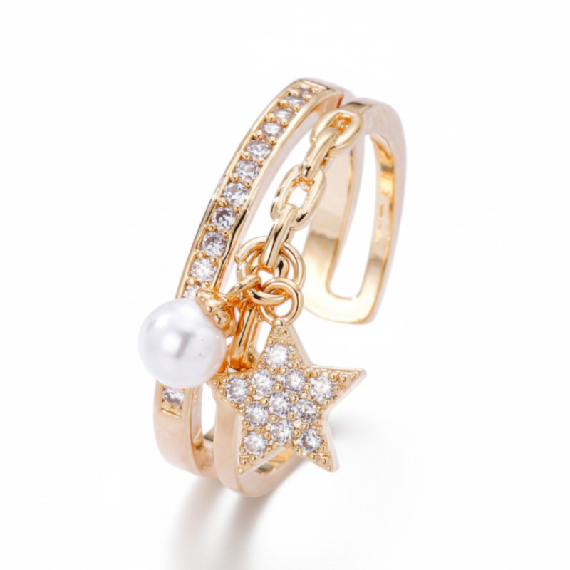 Bague ajustable dorée pendentif étoile et perle blanche Plaqué or