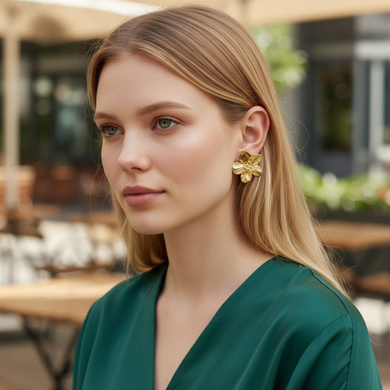Clous d'oreilles fleurs dorées Acier