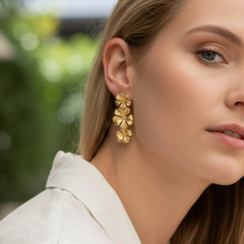 Boucles d'oreilles dorées cascade de fleurs