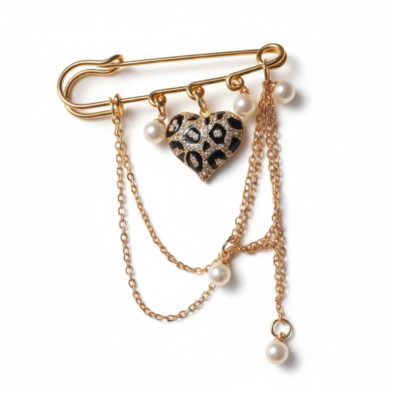 Broche épingle dorée coeur léopard et chaînettes