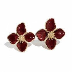 Clous d'oreilles dorés fleurs rouges