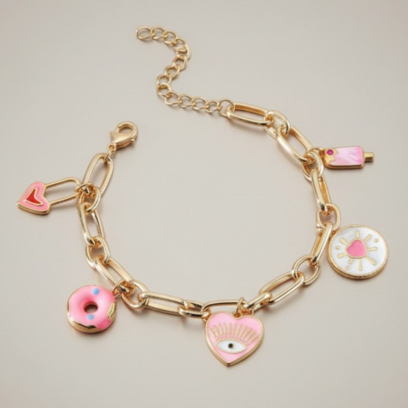 Bracelet charms mailles dorées et pendentifs roses