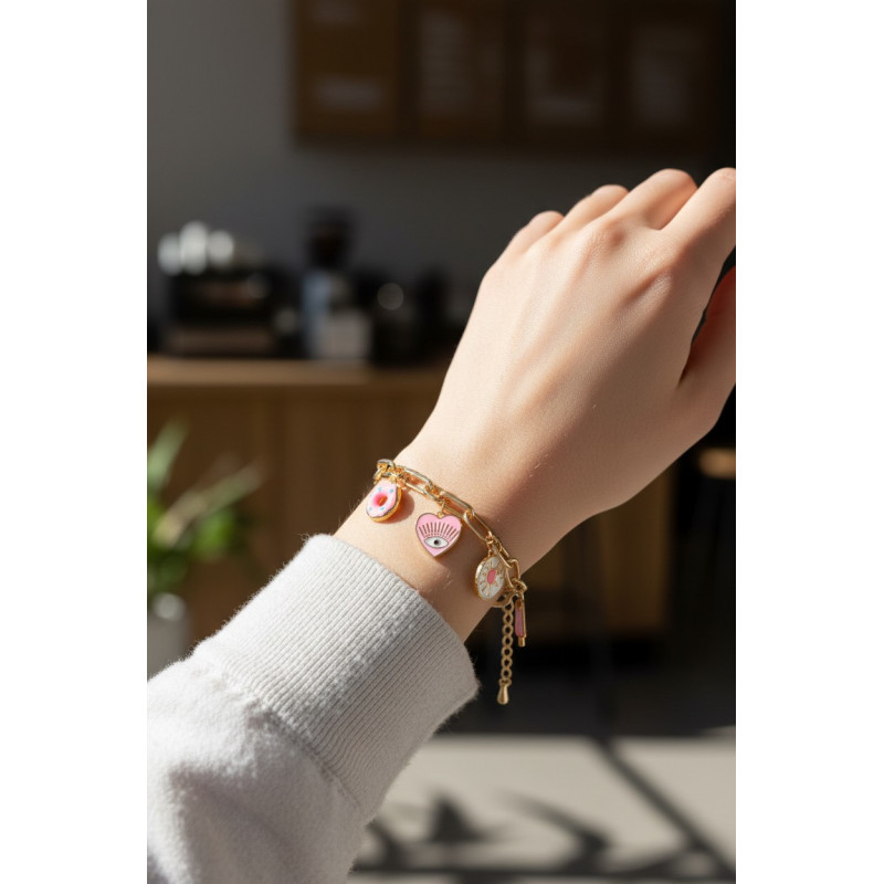 Bracelet charms mailles dorées et pendentifs roses