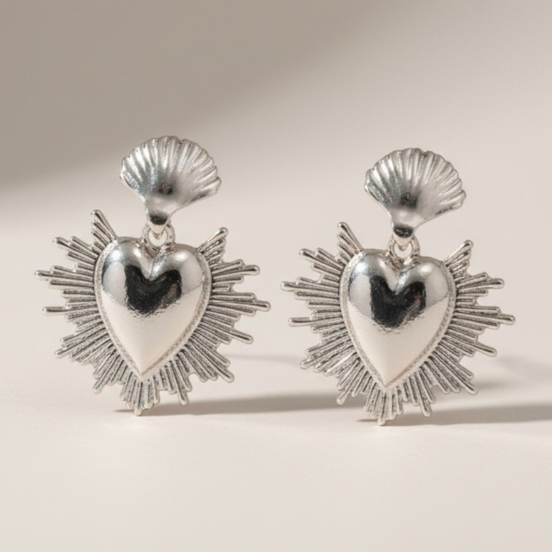 Boucles d'oreilles coeur rayonnant argenté