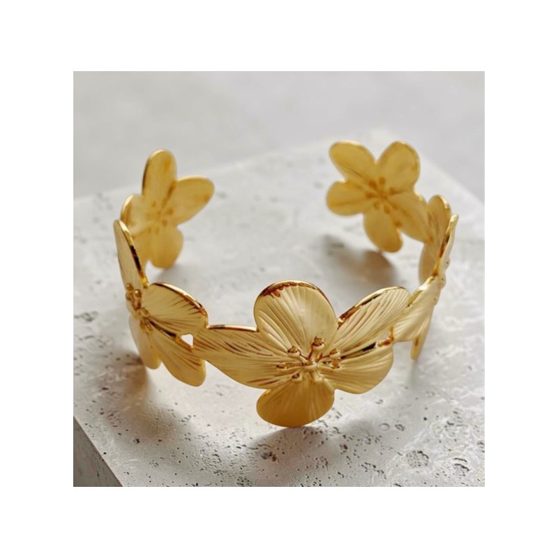 Bracelet manchette ajustable fleurs dorées Acier