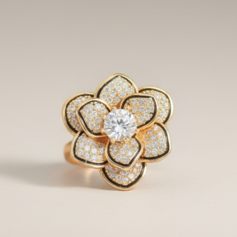 Bague ajustable dorée fleur et zircon Plaqué or