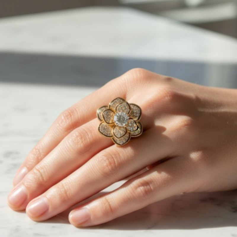 Bague ajustable dorée fleur et zircon Plaqué or