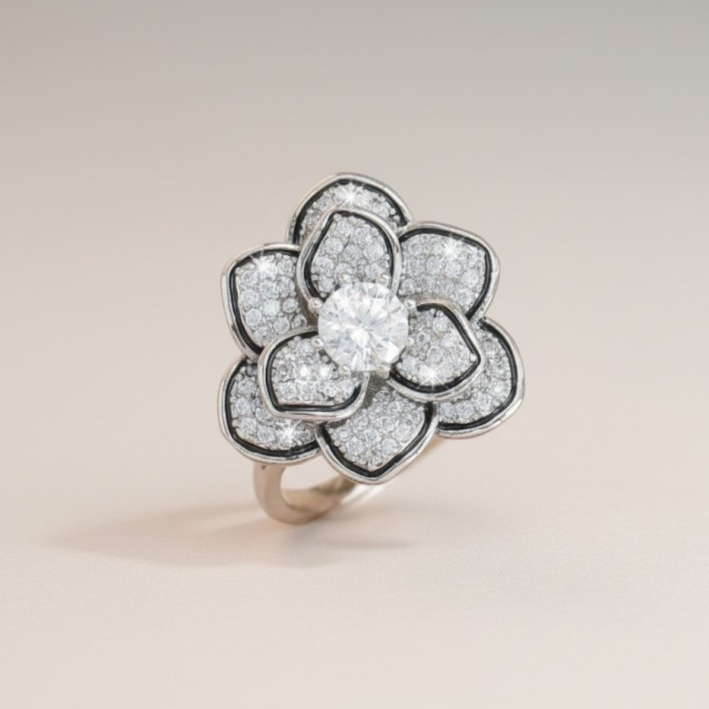 Bague ajustable argentée fleur et zircon Plaqué or blanc