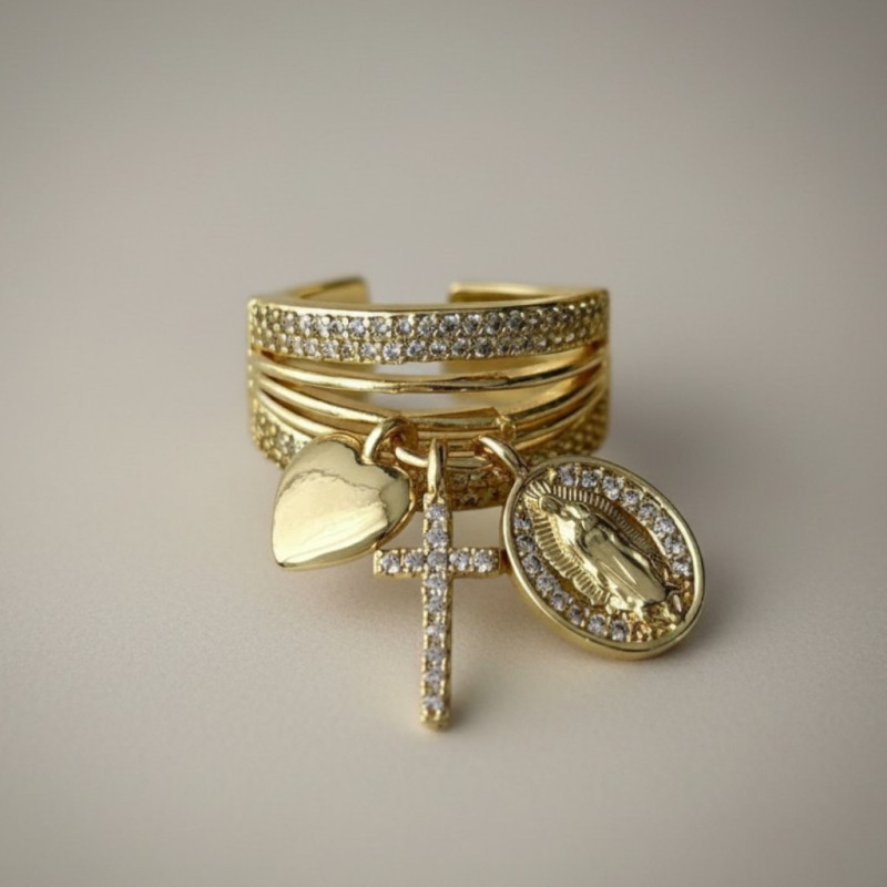 Bague ajustable dorée croix et coeur Plaqué or