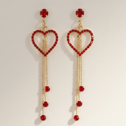 Boucles d'oreilles pendantes dorées coeur et strass rouges