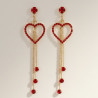 Boucles d'oreilles pendantes dorées coeur et strass rouges