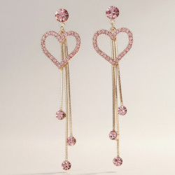 Boucles d'oreilles pendantes dorées coeur et strass roses