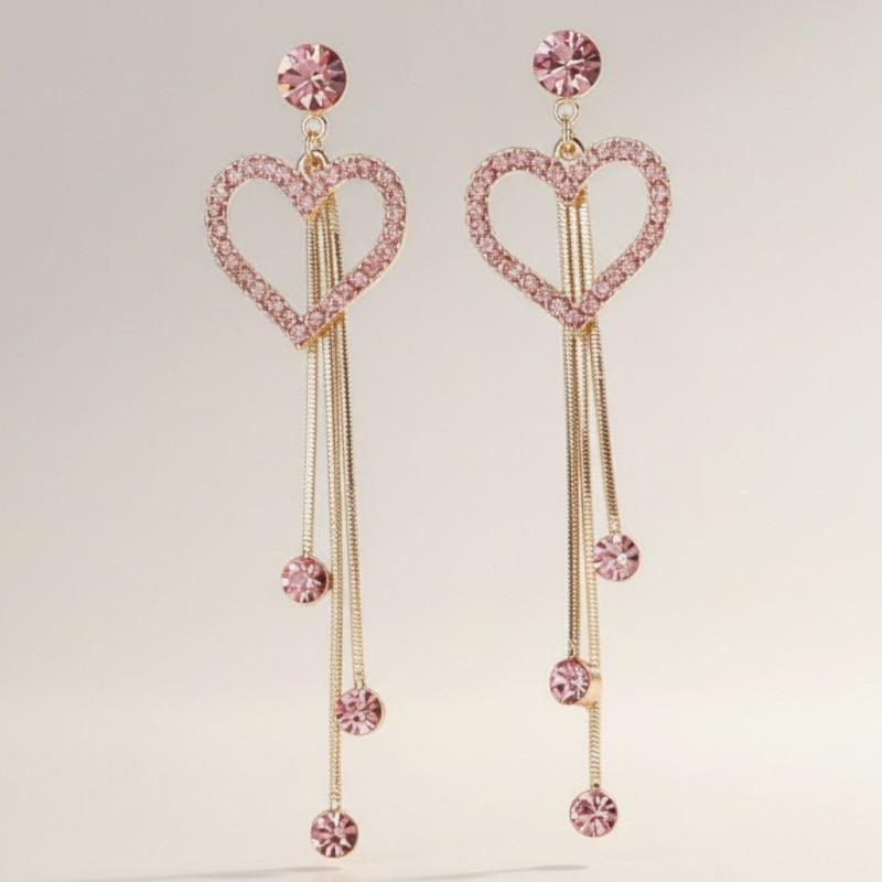Boucles d'oreilles pendantes dorées coeur et strass roses