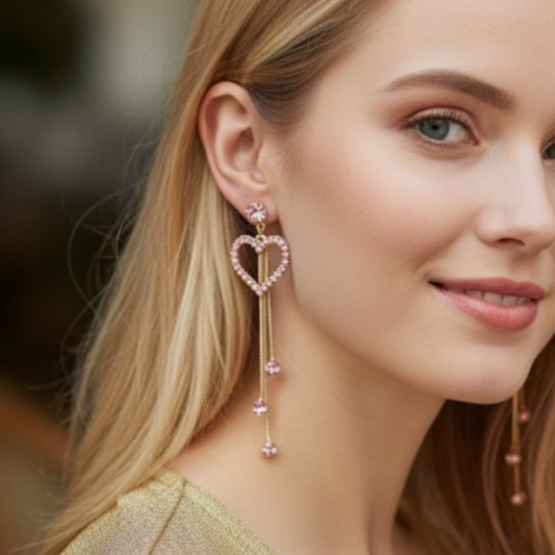 Boucles d'oreilles pendantes dorées coeur et strass roses