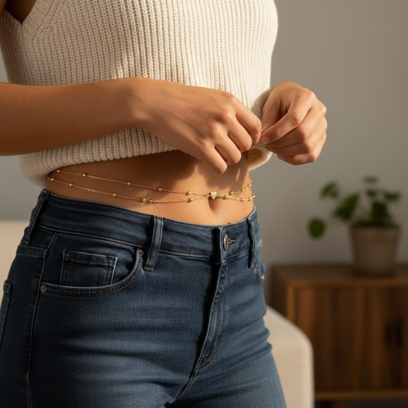 Chaîne de taille double dorée coeur et perles