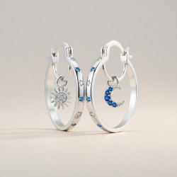 Créoles asymétriques étoile et lune bleues Plaqué or blanc