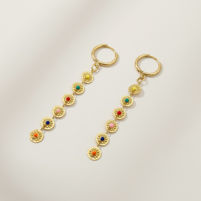 Boucles d'oreilles dorées disques multicolore Acier