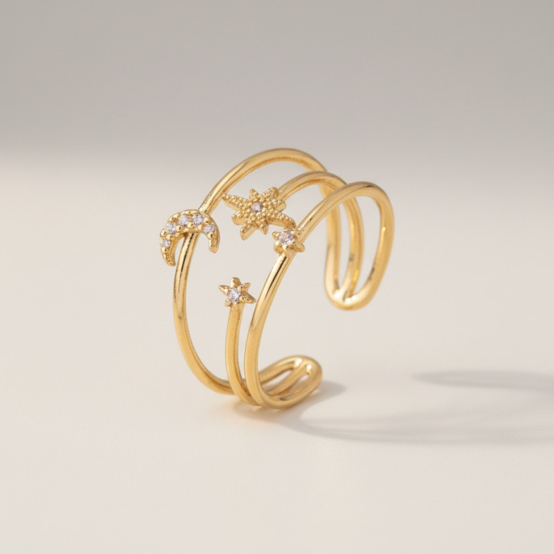 Bague ajustable dorée multirang étoile et lune Plaqué or