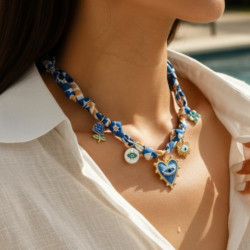 Collier foulard bleu charms mauvais œil dorés