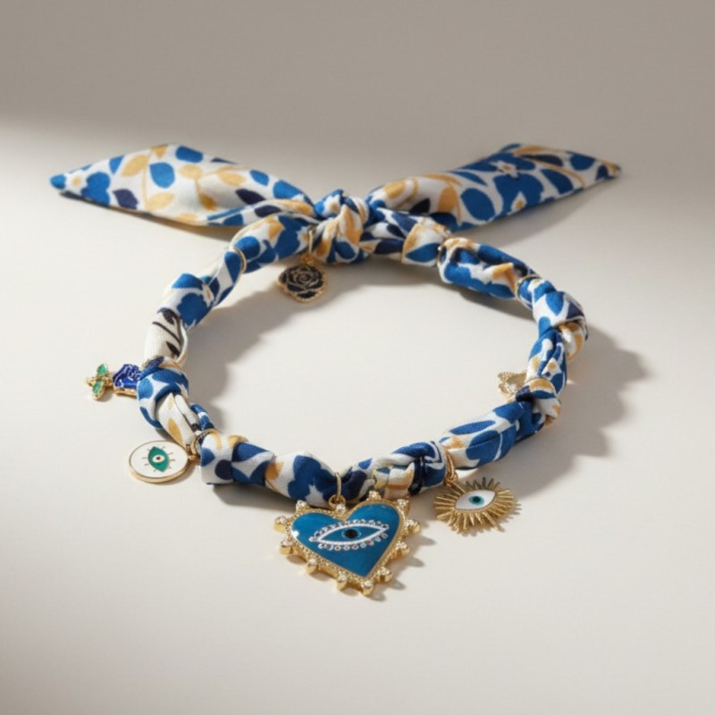 Collier foulard bleu charms mauvais œil dorés