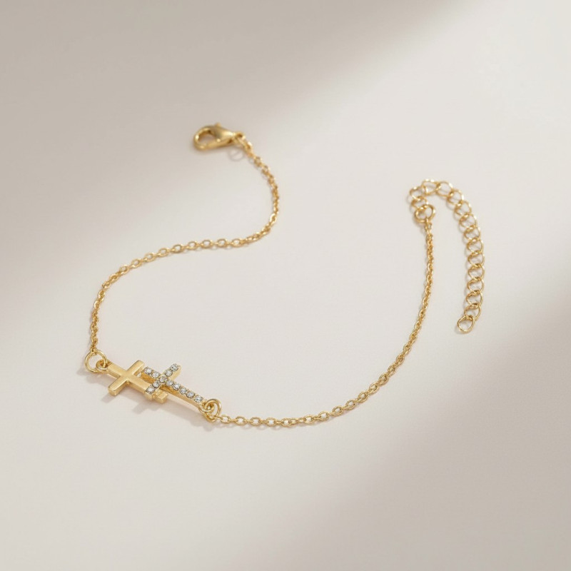 Bracelet doré double croix zircon Plaqué or