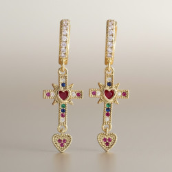 Boucles d'oreilles créoles dorées croix multicolore Plaqué or