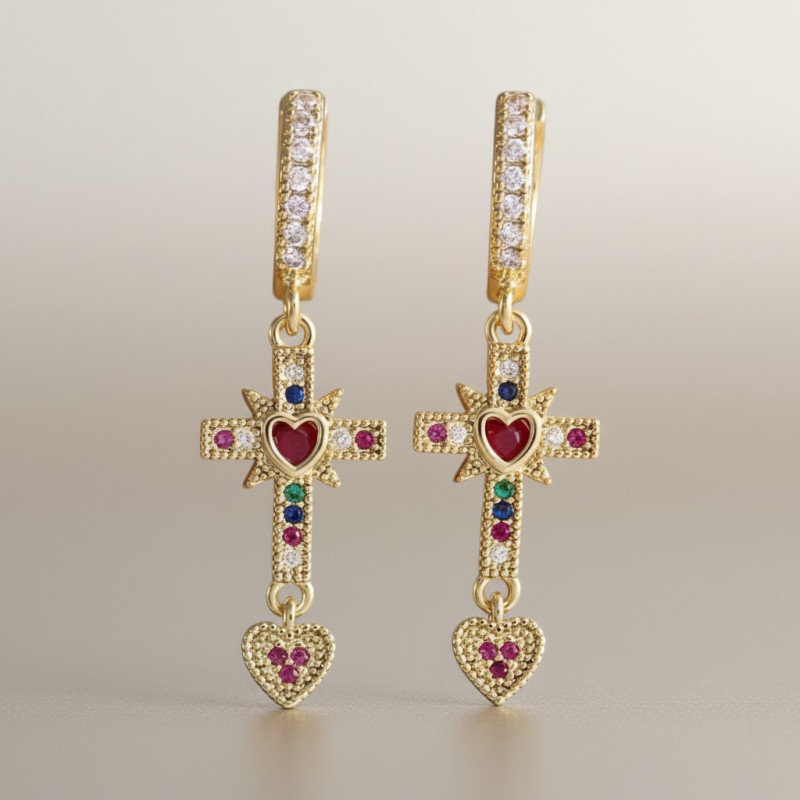 Boucles d'oreilles créoles dorées croix multicolore Plaqué or