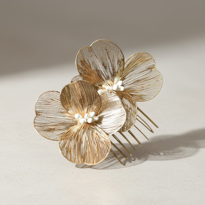 Pince à cheveux fleurs filigranées dorées
