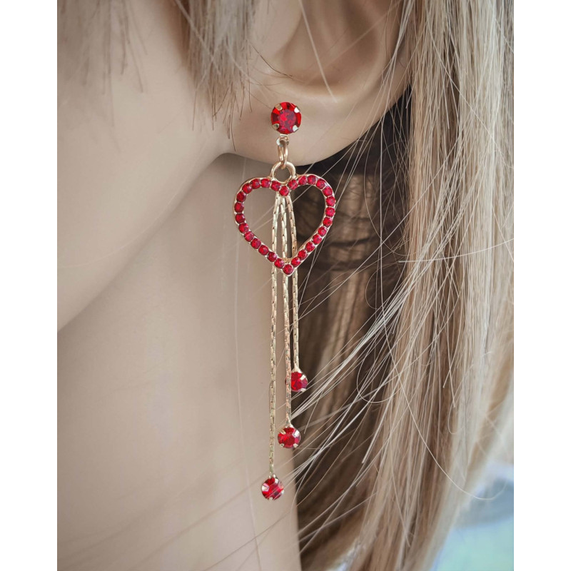 Boucles d'oreilles pendantes dorées coeur et strass rouges