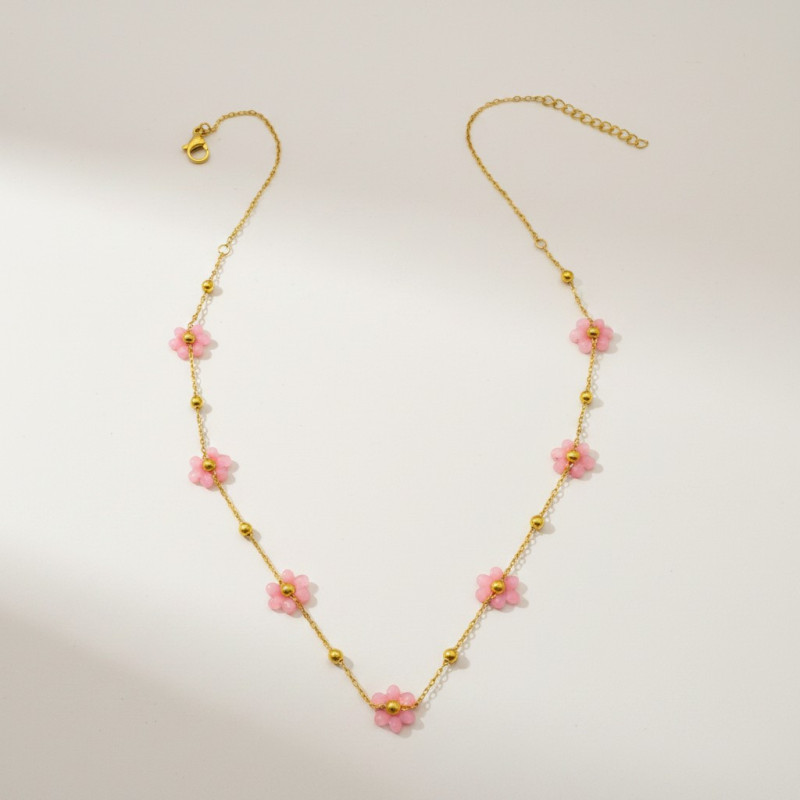 Collier doré fleurs perles roses Acier