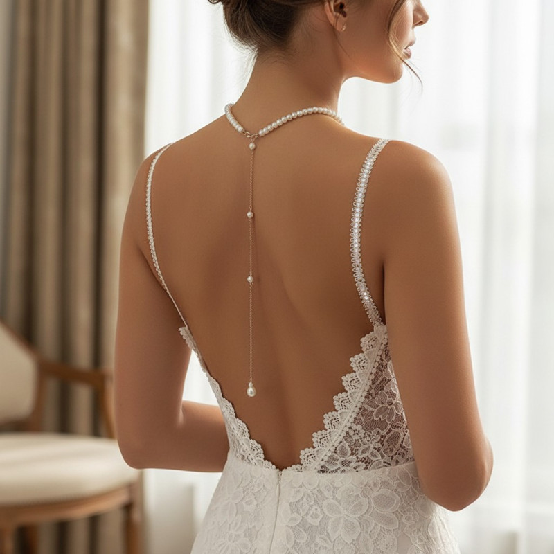 Collier de dos argenté perles blanches