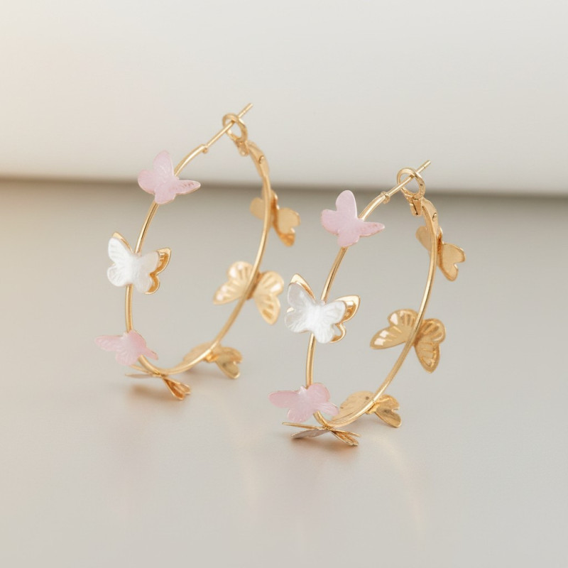 Créoles dorées papillons roses
