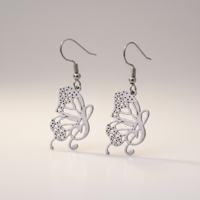 Boucles d'oreilles argentées papillon et note Acier