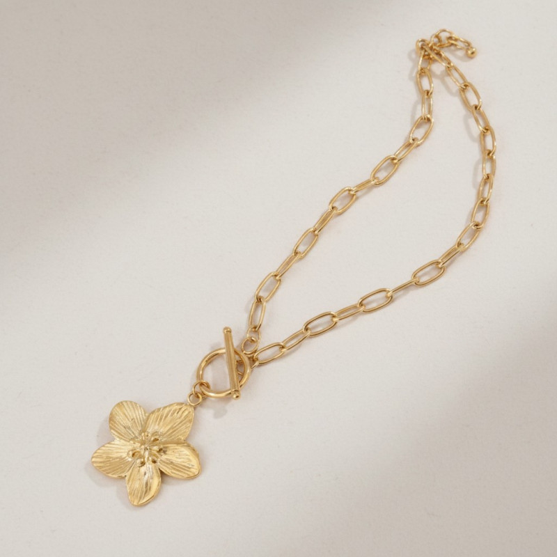 Collier grandes mailles dorées fleur Acier