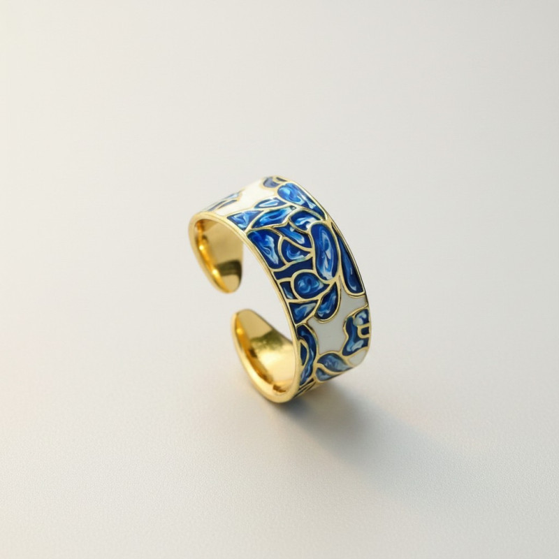 Bague ajustable dorée motif floral bleu Plaqué or