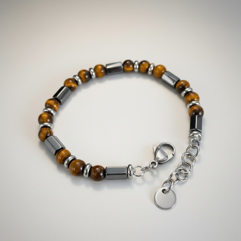 Bracelet homme oeil de tigre et hématite Acier