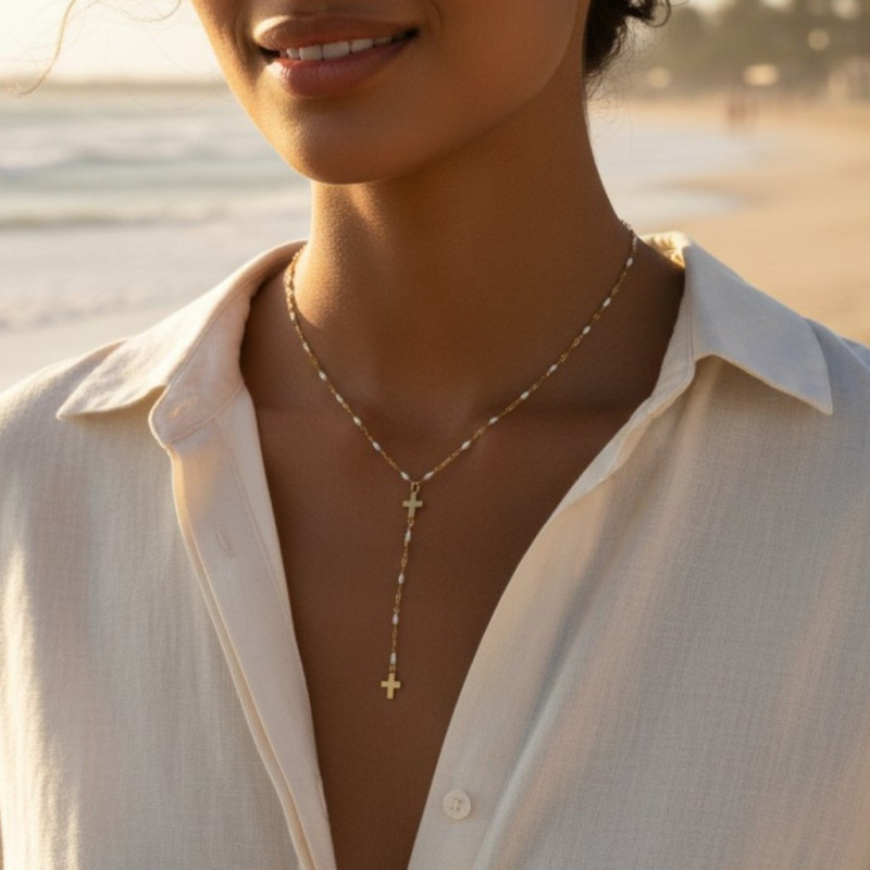 Collier plongeant doré et blanc croix Acier