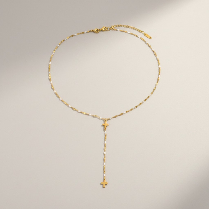 Collier plongeant doré et blanc croix Acier
