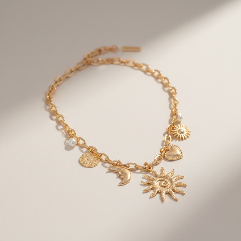 Collier charms doré soleil spiral et perles